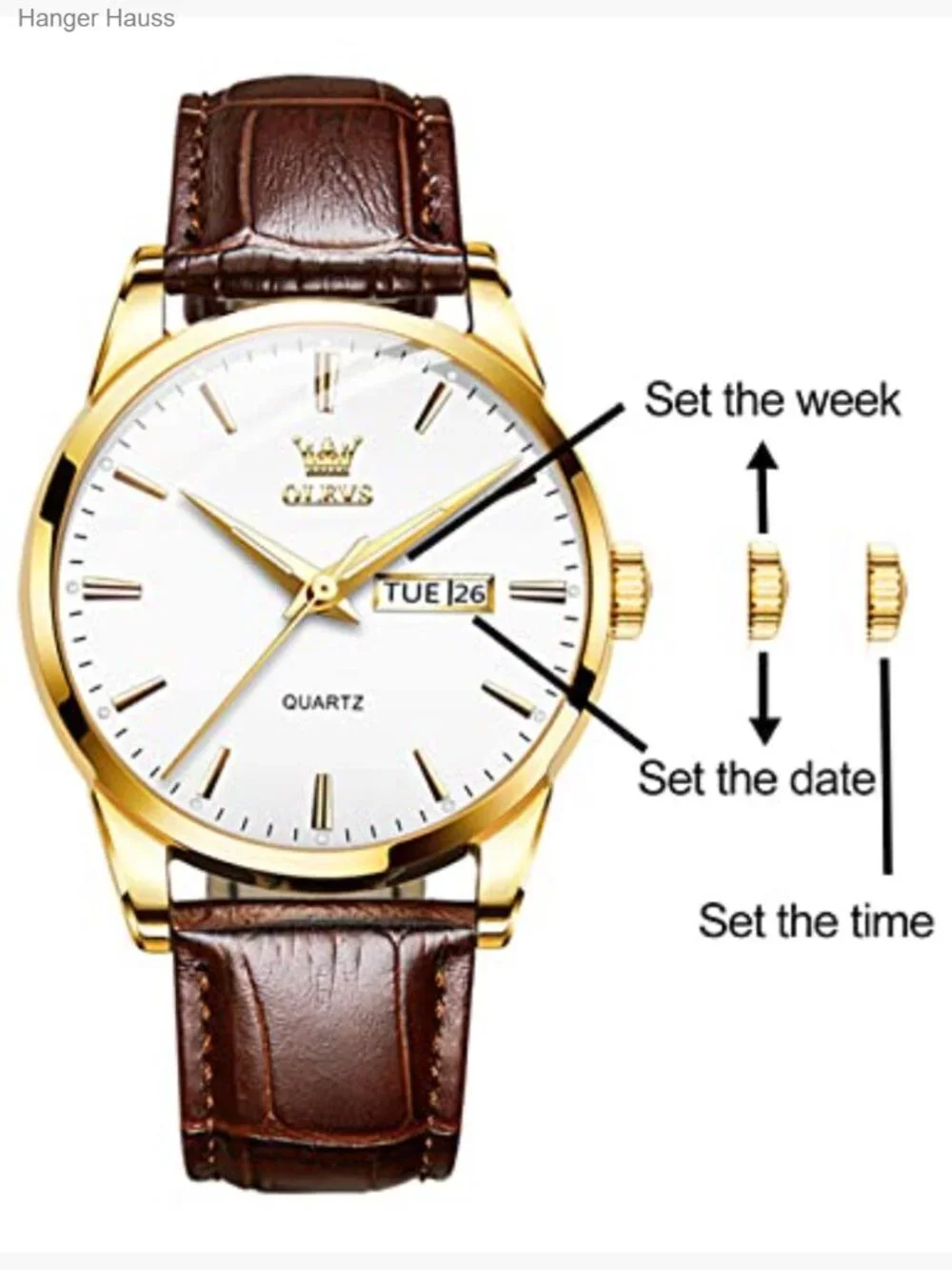 Leather Casual Watch with Date Easy Read Quartz Movement Water Resistant
